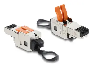 DELOCK RJ45 plug with clamp lock 2 pin +/- tool-free, composite power connector, male, black/stainless steel