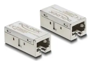 Переходник-удлинитель RJ45 гнездо-гнездо Cat.6A металл — DELOCK, плоский, серебристый, 15,6×33,1×13,1 мм