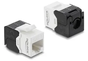 Keystone modulis DELOCK RJ45 uz LSA Cat.6 UTP bez instrumentiem, plakanas konstrukcijas, 16.2×28.2×19.4 mm, melns/balts