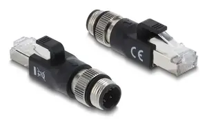 Переходник M12 D-кодированный 4-контактный (штекер) на RJ45, DELOCK 90831, позолоченные контакты, чёрный