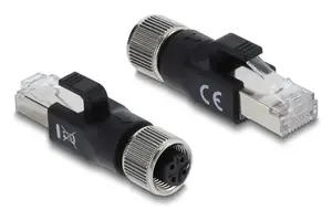 DELOCK переходник M12 D-кодированный 4-контактный гнездо на RJ45 штекер, золотые контакты, чёрный