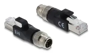 Адаптер DELOCK M12 X-coded 8‑контактный штекер — RJ45, золотое покрытие контактов, чёрный