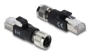 Адаптер M12 X-кодированный 8 контактов (гнездо) на RJ45 (штекер), DELOCK 90834, позолоченные контакты, чёрный