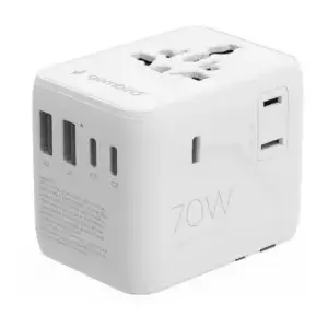 Travel adapter GEMBIRD TPA-2A3C70-01-W — Type I plug, 3× USB-C (70W), 2× USB-A (18W), 100–250V, white