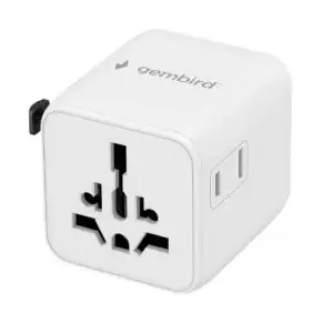Universal travel power adapter GEMBIRD TPA-INT-01-W — input 100–250V, Type G plug, compact dimensions 84×56×85 mm