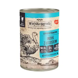 Mitrs kaķu barības wiejskazagroda Indyk ar lasi, pieaugušiem, kanna 400 g, tītars un lasis, mitrums 80%