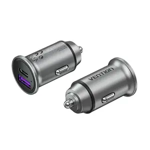 Car charger Vention Two-Port USB A+A Grey Mini Aluminium Alloy, USB-C + USB-A, PD 3.0, QC 3.0, 30W per port