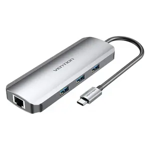 Doku stacija Vention Multifunkcionāla USB-C uz HDMI USB3.0x3 RJ45 SD TF TRRS 3.5mm PD 0.15M Pelēks alumīnija sakausējums