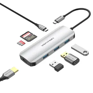 Doku stacija Vention USB-C uz HDMI USB 3.0x3 SD TF PD 100W Pelēka