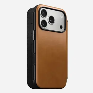 Folio phone case Nomad Modern Leather Folio for iPhone 17 Pro, leather + aluminium, 6.3" (16 cm), Tan, 3 card pockets