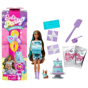 Modes lelle Barbie Party Unboxed Pet Birthday Series 10 pārsteigumi