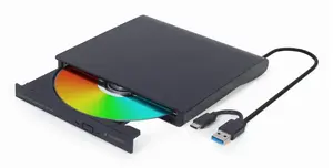 Internal DVD±RW drive Gembird DVD-USB-031 — USB Type-C, 24x CD / 8x DVD, front-loading, black, 140×18×140 mm