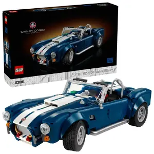 LEGO Icons Shelby Cobra 427 SC 1960s sports car model — 1,241 pieces, 90×140×300 mm display