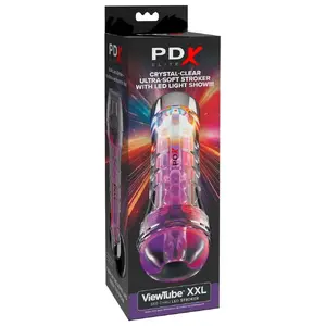 Masturbator Pipedream PDXE ViewTube XXL transparent stroker with LED GlowCore and AirLock caps, 27.3×10.1 cm, removable TPE sleeve