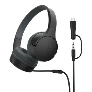 Austiņas ar mikrofona Belkin SoundForm Mini vadu, uz galvas, USB Type-C, melnas — cirkumaurālas, zvaniem un mūzikai