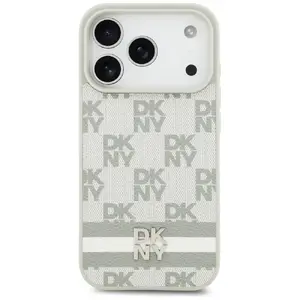 Vāciņš DKNY priekš iPhone 17 Pro, rūtainais dizains ar drukātām svītrām, bēšs