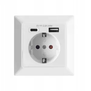Sienas kontaktligzda ORNO OR-AE-13232 Schuko vienvieta 2P+Z ar USB-A un USB-C 5V DC 2.8A