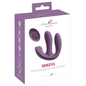 Hands-free trīskāršs vibrators beau cœur Mireva RC – silikons, 3 motori, uzlādējams, kopējais garums 12,2 cm, ievadījums 10/8 cm