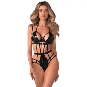 Body Obsessive Keira L/XL vinyl inserts, adjustable halterneck and back hooks, black, size L/XL