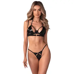 Комплект белья Obsessive Keira Lise винил: бюстгальтер и стринги, размер 2XL/3XL, чёрный, с регулируемыми бретелями