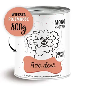 Mitrs suņu barības konservs PAKA ZWIERZAKA Pepe Brieža gaļa 800 g — pilnvērtīgs barības ēdiens pieaugušiem suņiem, mitrums 81.5%
