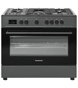 Brīvi stāvoša plīts Ravanson KWGE-K90 Cheff Modern Black — gāzes virsma 5 zonas (ar wok), elektriskā cepeškrāsns 110 L, konvekcija, rotisserie