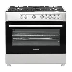 Brīvstāvoša gāzes-elektriskā plīts Ravanson KWGE-K90A Cheff, 90 cm, 5 degļu virsma (wok), elektriskā cepeškrāsns 110 L, sudraba