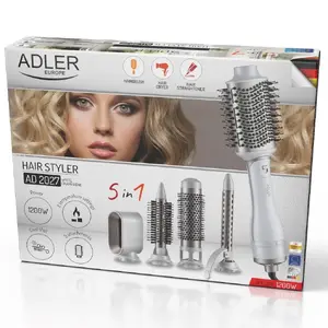 Фен и щипцы для завивки Adler AD 2027 — 2-в-1, 1200 Вт, 2 температурных режима, 5 насадок, диаметры щёток 2.1/3.8/7.2 см, макс. Ø 1.9 см