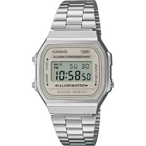 Digitālais pulkstenis CASIO A168WA-8AYES — sudraba nerūsējošā tērauda siksniņa, digitālais displejs, modinātājs, hronometrs