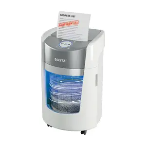 Paper shredder LEITZ IQ OptiMax 350 P5 — Micro-cut 2×15 mm, 8-sheet capacity, 22 L bin, 22.3 cm entry