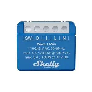 Smart switch actuator Shelly Wave 1 Mini LR — Z-Wave 800 LR, 110–240 V, 8 A, 2000 W, wall mount, blue