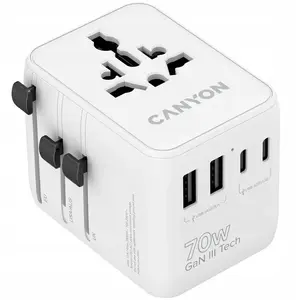 Ceļojumu adapteris CANYON OnTour 70 — universāls EU/UK/US/AUS kontakts, 70W, balts