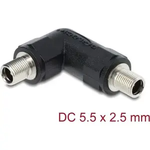 DC barrel jack adapter DELOCK 5.5 x 2.5 mm female-to-female with threaded sleeve, 90° angled, black