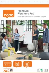 Nobo Premium Flipchart Pad 60x85cm, Dual-Sided Plain or Gridded Paper, 50 Sheets, 90 g/m², 2 Pack