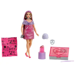 BARBIE Party Unboxed Glam Party Series Rozā spīdīga modes lelle ar piederumiem un 10 pārsteigumiem