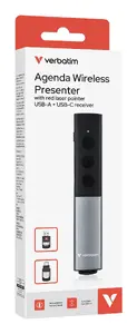 Verbatim Agenda Wireless Presenter with Red Laser Pointer, RF 2.4 GHz USB receiver, 3 buttons, Black and Silver