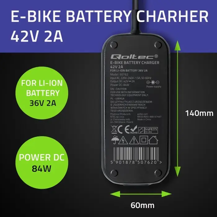 Зарядное устройство QOLTEC ebike Bosch 50762 36В/42В 2А Photo 2