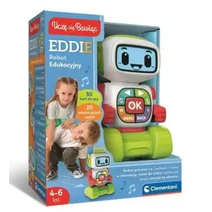 Izglītojošs robots Clementoni Eddie — interaktīva mācību rotaļlieta ar LED, skaņu, 30 divpusējām kartītēm, barošana 3×AAA, 4+