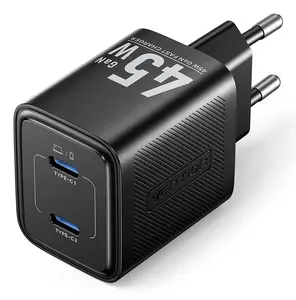 Vention FEFB0-EU 45W Indoor AC Fast Charger 2× USB-C — for Smartphone, Laptop, Tablet, Smartwatch, Headphones (Black)