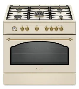 Brīvstāvoša gāzes un elektriskā plīts Ravanson KWGE–90ARC, 90 cm, 5 degļu gāzes virsma (wok 3000 W), elektriskā cepeškrāsns 110 l, krēmkrāsa