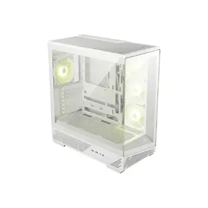 PC Midi Tower case MSI MAG PANO 130R PZ WHITE — supports ATX/Micro-ATX/Mini-ATX, 3×2.5" + 2×3.5" bays, 3x120mm side + 1x120mm rear fans, 2×USB 3.2 Gen1