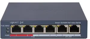 Hikvision DS-3E1106P-EI/M pārvaldāmais gigabitu Ethernet tīkla komutators ar Power over Ethernet un 6 RJ-45 portiem, pelēks