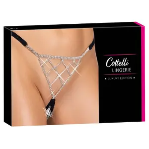 Трусики-стринг Cottelli Collection String Rhinestones размер S-L – без шаговой вставки, чёрные эластичные ленты, регулируемая талия
