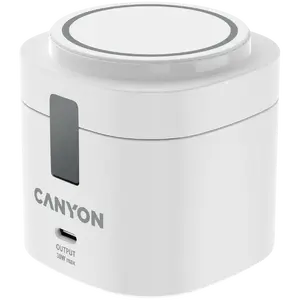 Bezvadu uzlādes statīvs CANYON CNS-WCS405W 4‑in‑1, 30W maks., ar 65W lādētāju un 1 m kabeli, balts, 70×70×70.3 mm, 414 g