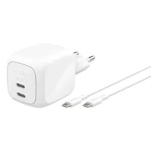 Сетевое зарядное устройство Belkin WCH020KQ2MWH-B6 — 2x USB‑C, встроенный кабель 2 м, для дома/офиса, белое