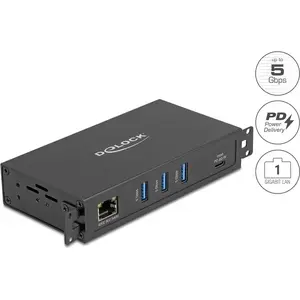 USB koncentrators DELOCK 3 porti 5 Gbps ar RJ45 Gigabit PoE++ un USB Type-C hostu, metāla korpuss, 1,5 kV izolācija, melns