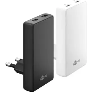 WENTRONIC USB-C PD GaN двойное быстрое зарядное устройство 65 Вт, 2 порта USB-C, 90° плоская вилка, белое