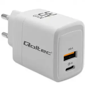 Сетевое зарядное устройство QOLTEC GaN 35W, USB‑C PD (5–20В, 1.5–3A) + USB‑A QC 3.0, белое