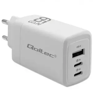 Зарядное устройство QOLTEC GaN 65 Вт с 2×USB-C PD и 1×USB QC 3.0, 5–20В, 3–3.35А, белое