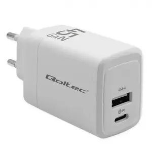 Сетевой зарядный адаптер QOLTEC GaN 45W, 1x USB‑C PD (5–20V, 1.5–3A) + 1x USB QC 3.0, белый